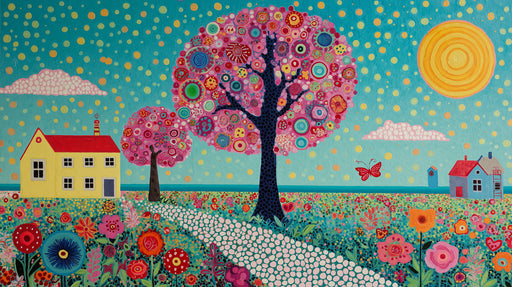 A whimsical mural pattern featuring a turquoise sky, bright yellow sun, pink patterned trees, and a floral meadow.