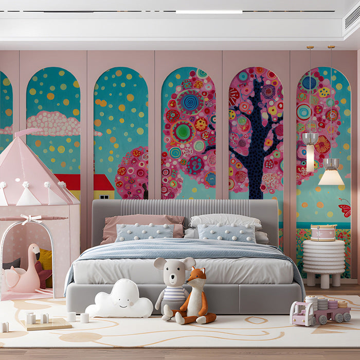 Cheerful meadow mural pattern in a vibrant children's bedroom.