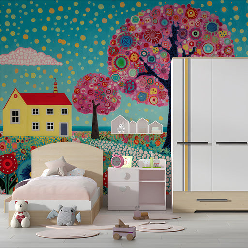 Whimsical garden wallpaper installed in a bright and playful nursery room.