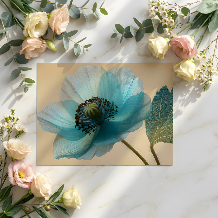 Close-up of a botanical poppy wallpaper in a bright, modern home office space