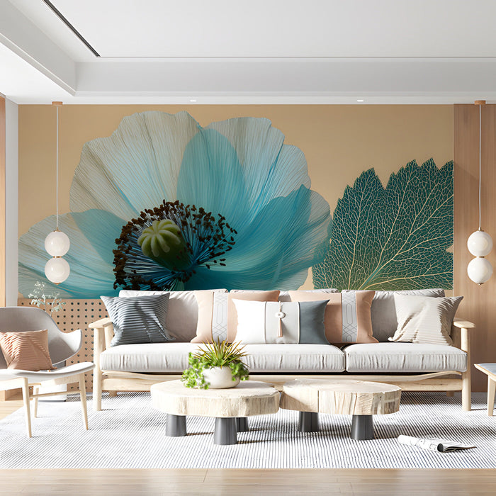 Translucent blue floral wall mural featured in a minimalist guest suite