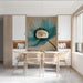 Cyan poppy floral mural installed in a peaceful dining room with light oak furniture