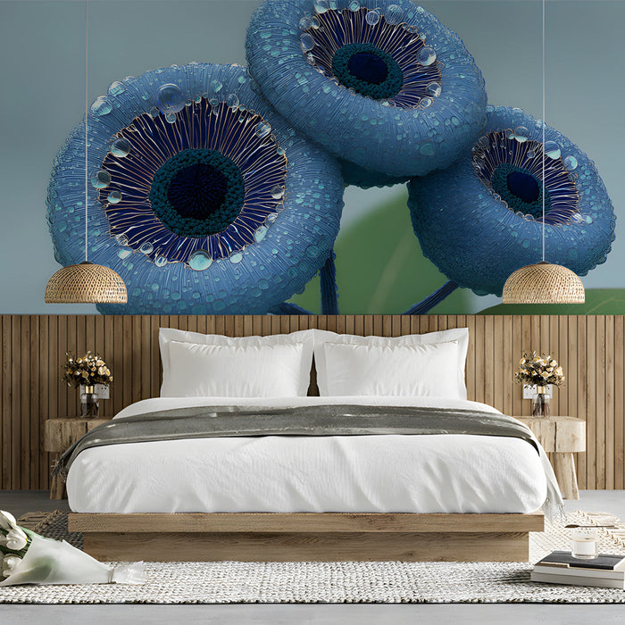 Serene bedroom setting featuring deep blue botanical wall art for a focused creative environment.