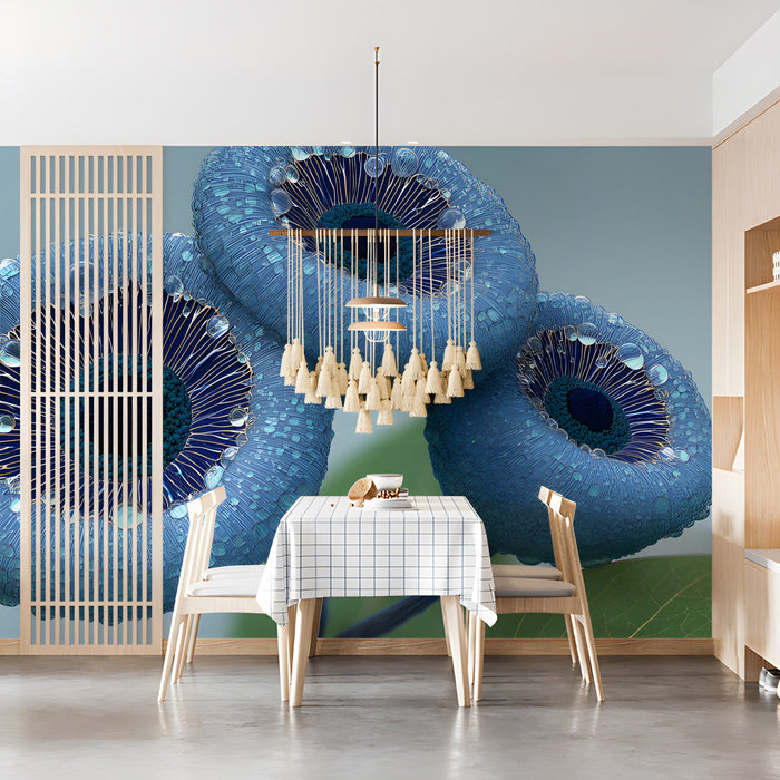 Modern dining room featuring a bold botanical blue flower mural as a central statement piece.