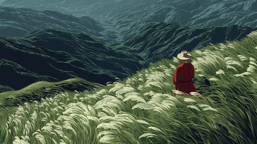 A scenic mountain mural with tall grasses in the foreground and a figure in a red dress overlooking a deep valley
