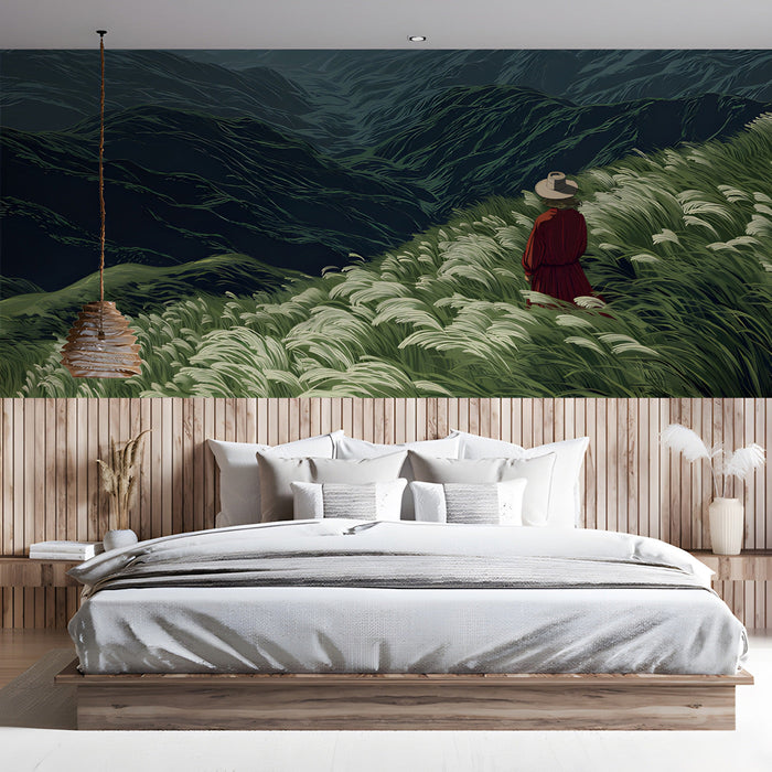 A tranquil reading nook designed with a naturalistic mountain grass wallpaper for a calm, escapist feel