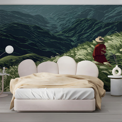 A cozy bedroom featuring a sweeping mountain landscape mural as a focal point behind the bed