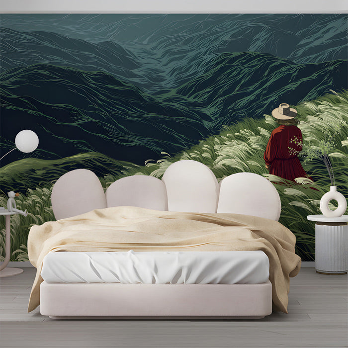 A cozy bedroom featuring a sweeping mountain landscape mural as a focal point behind the bed