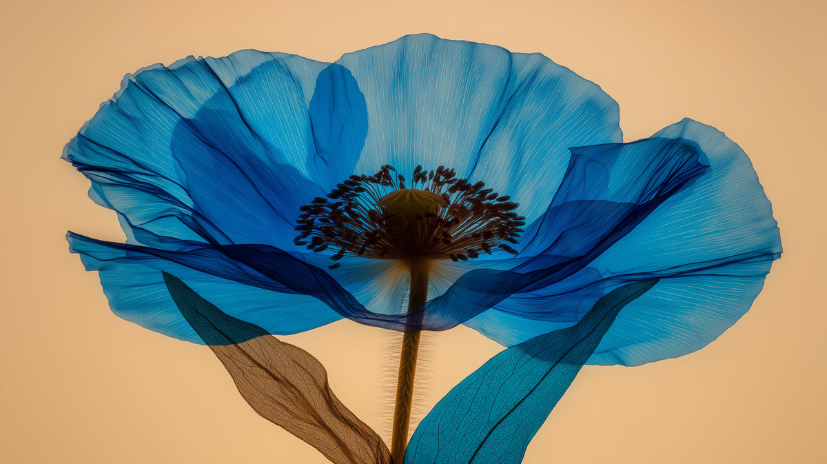 Macro photograph of a vibrant blue poppy flower with translucent petals against a soft beige background.