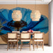 Sophisticated dining room with the blue botanical mural serving as a calming wall feature.