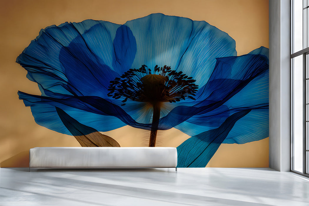 Modern hallway featuring the blue poppy mural as a large-scale focal point behind a sleek chair.