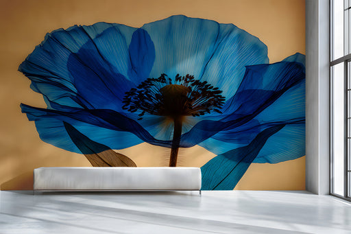 Modern hallway featuring the blue poppy mural as a large-scale focal point behind a sleek chair.