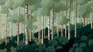 Abstract birch forest mural with sage and dark green foliage and white tree trunks