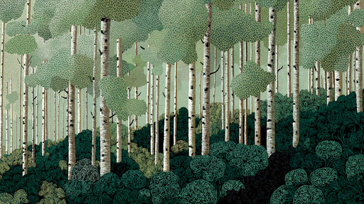 Abstract birch forest mural with sage and dark green foliage and white tree trunks