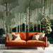 Detailed woodland wall covering in a quiet reading nook with soft ambient lighting