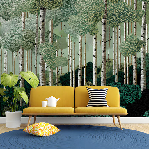 Forest mural installed in a modern entryway above a mid-century wooden bed frame