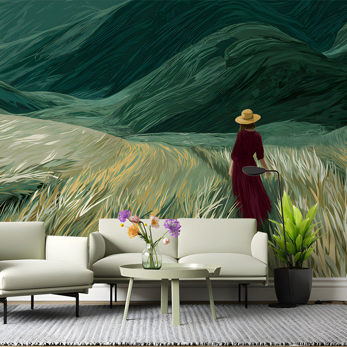 Home office interior with a serene grassy hill mural and wood accents