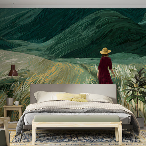 bedroom featuring a large landscape wallpaper mural on the main wall with minimalist furniture