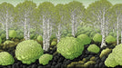 A graphic wallpaper pattern featuring white birch trees, chartreuse swirling shrubs, and dark charcoal forest floors.