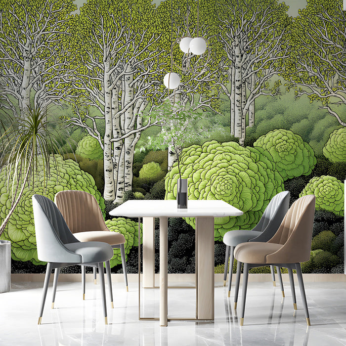 A dining room interior showcasing a nature-inspired forest mural in vibrant green and deep charcoal.