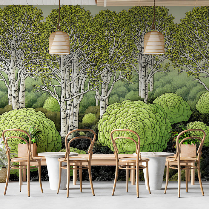 A bright bar wall featuring a modern birch tree mural with green and black accents.
