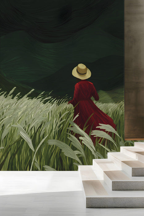 A cozy hallway featuring the moody green landscape mural behind a minimalist bed with warm lighting.