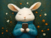 Oil painting style mural featuring a fluffy white rabbit in a teal meadow holding a smartphone
