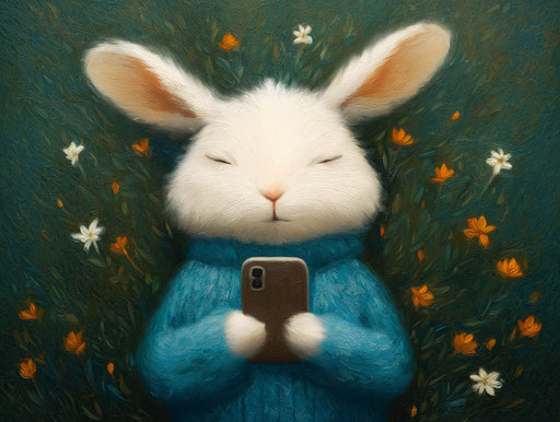 Oil painting style mural featuring a fluffy white rabbit in a teal meadow holding a smartphone
