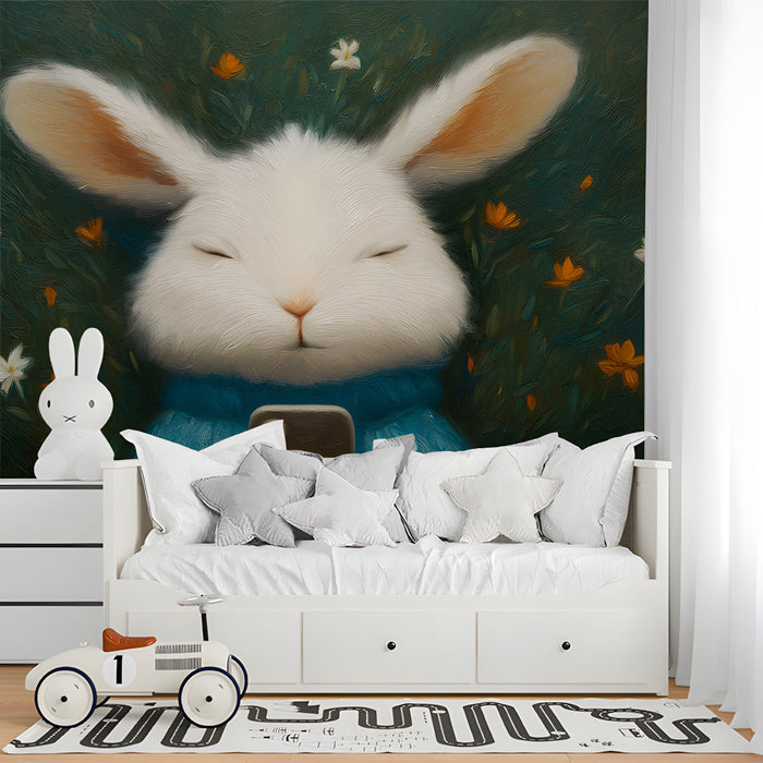 Playful rabbit scene mural used as a focal wall in a quiet bedroom