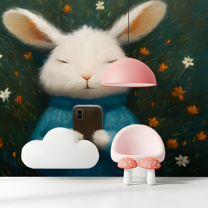 Whimsical rabbit mural installed on the wall of a cozy modern nursery