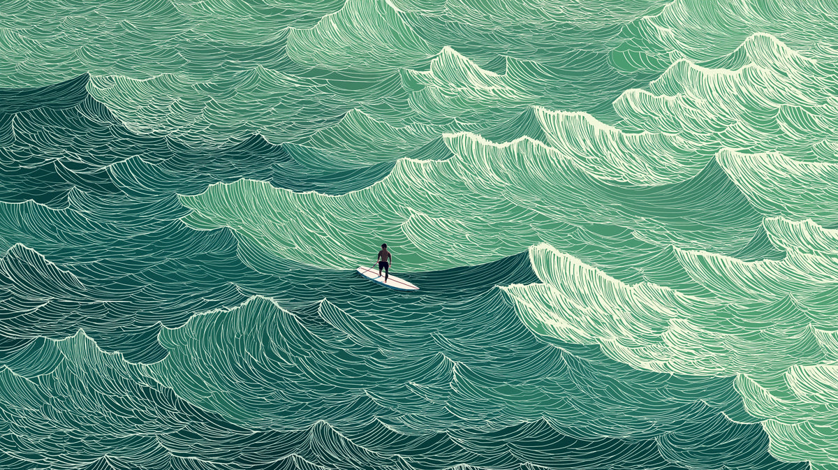 Abstract ocean wave mural with line art of a surfer in deep green and mint hues