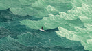 Abstract ocean wave mural with line art of a surfer in deep green and mint hues