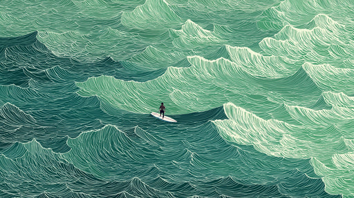 Abstract ocean wave mural with line art of a surfer in deep green and mint hues