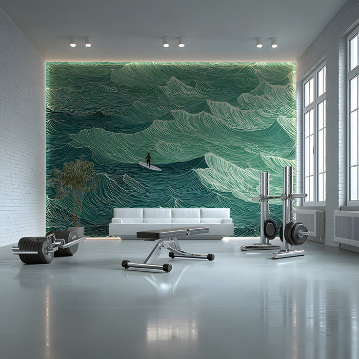 Modern gym featuring a calming ocean swell wallpaper mural