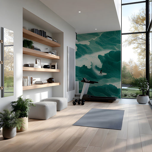 A cozy reading corner with a sophisticated green ocean wave wall mural