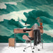 Modern bathroom wall decorated with an artistic teal ocean surf mural