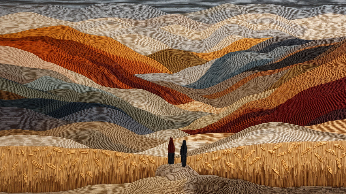 Abstract mountain landscape mural with textured ridges in rust, ochre, gray, and sand tones.