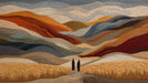 Abstract mountain landscape mural with textured ridges in rust, ochre, gray, and sand tones.