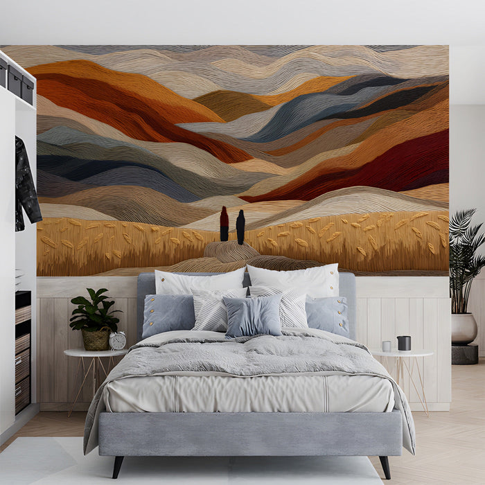 Artistic hills wallpaper in a quiet bedroom with wooden furniture.