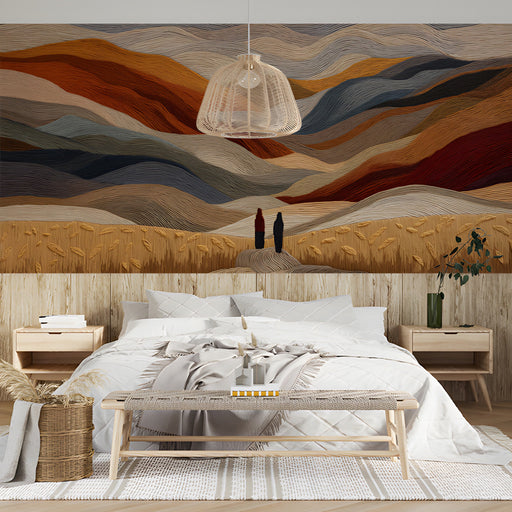 Textured mountain wall mural behind a mid-century modern bedroom sofa.