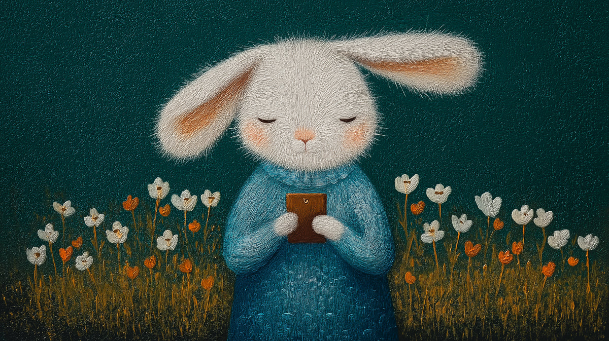 Oil painting style wallpaper featuring a white rabbit in a blue sweater in a teal meadow
