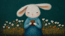 Oil painting style wallpaper featuring a white rabbit in a blue sweater in a teal meadow