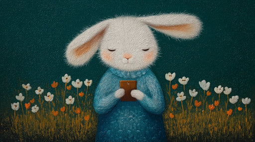 Oil painting style wallpaper featuring a white rabbit in a blue sweater in a teal meadow