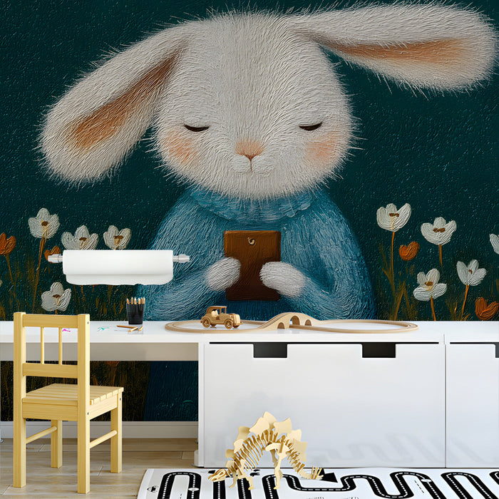 Whimsical rabbit mural installed as a playful feature wall in a study