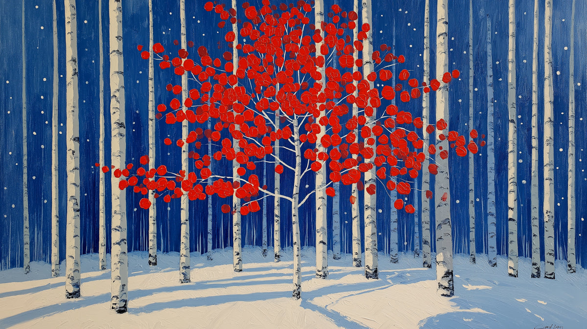 Painterly winter forest wallpaper with white birch trees, red leaves, and deep blue sky
