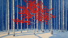 Painterly winter forest wallpaper with white birch trees, red leaves, and deep blue sky