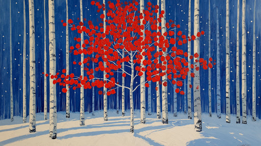 Painterly winter forest wallpaper with white birch trees, red leaves, and deep blue sky