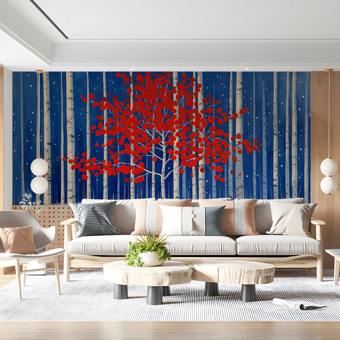 Cozy living room with a dramatic forest tree wall mural
