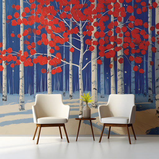 Modern entryway featuring a winter forest mural on a large accent wall