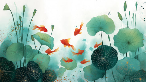 Watercolor koi fish swimming among teal and forest green lily pads on a soft white background